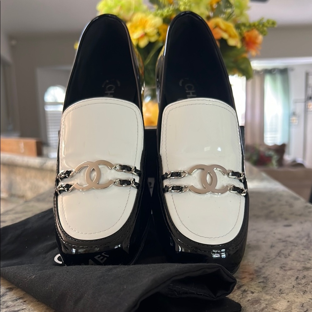 NIB Chanel Two-Tone Patent Loafers with silver tone hardware 39.5